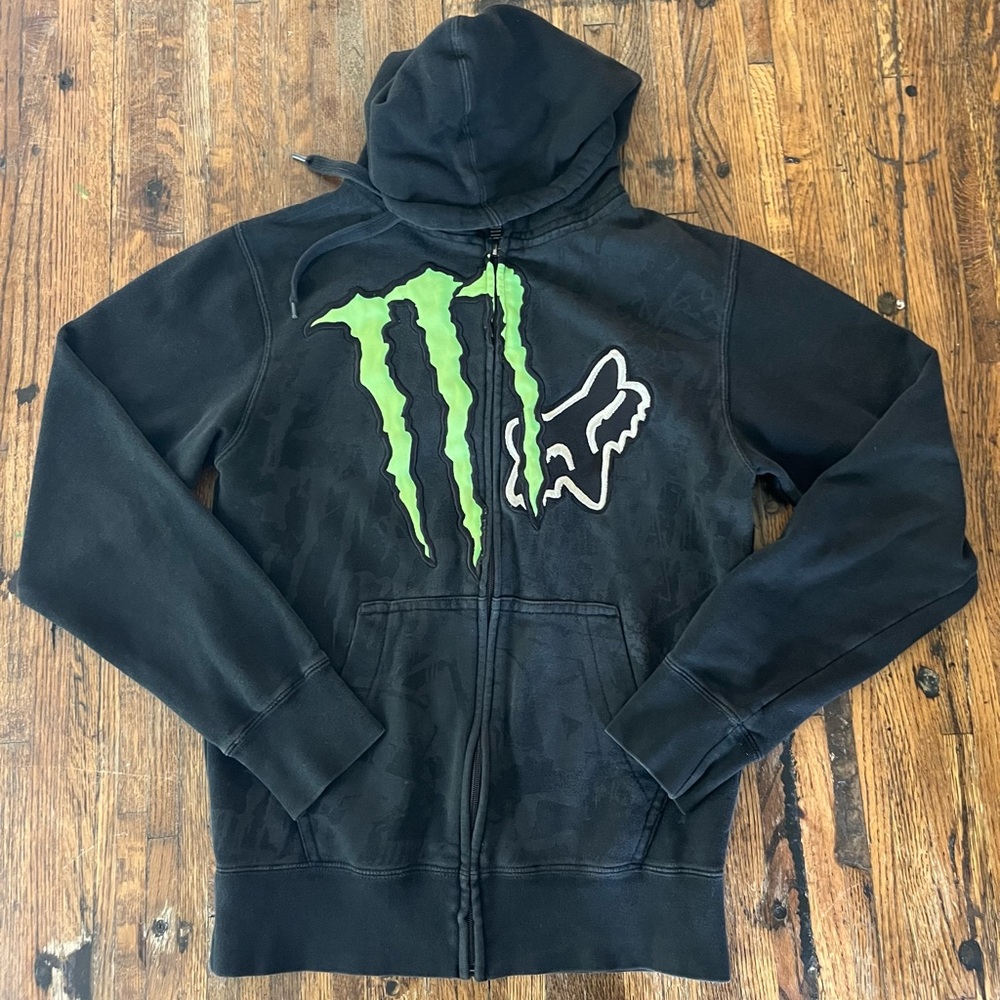 Fox Racing X Monster Vintage Y2K Black Logo Zip Up Sweatshirt Mens Small Used